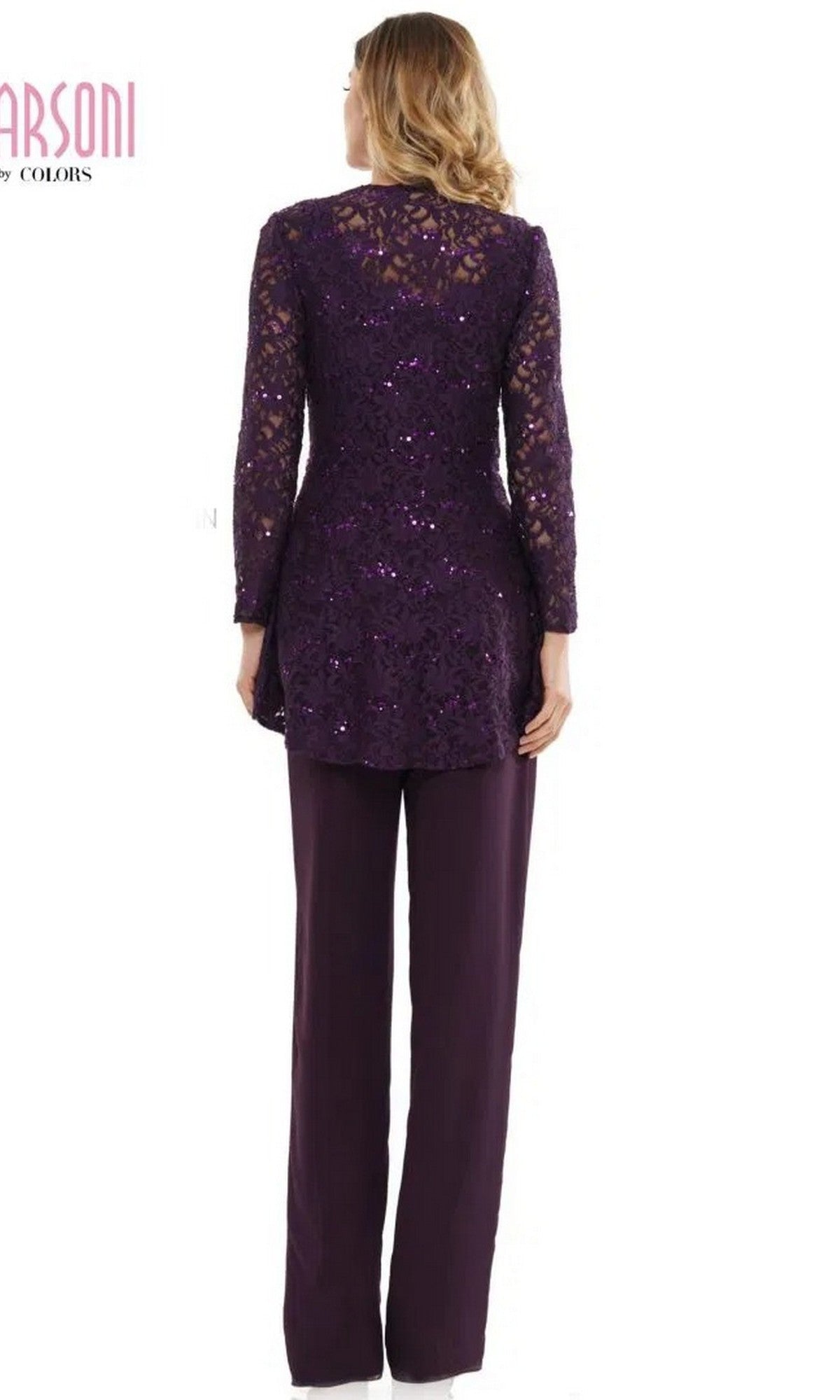 A woman faces away from the camera, dressed in the Marsoni M305—a long formal purple lace tunic with matching chiffon pants, creating a stylish three-piece pantsuit ensemble.